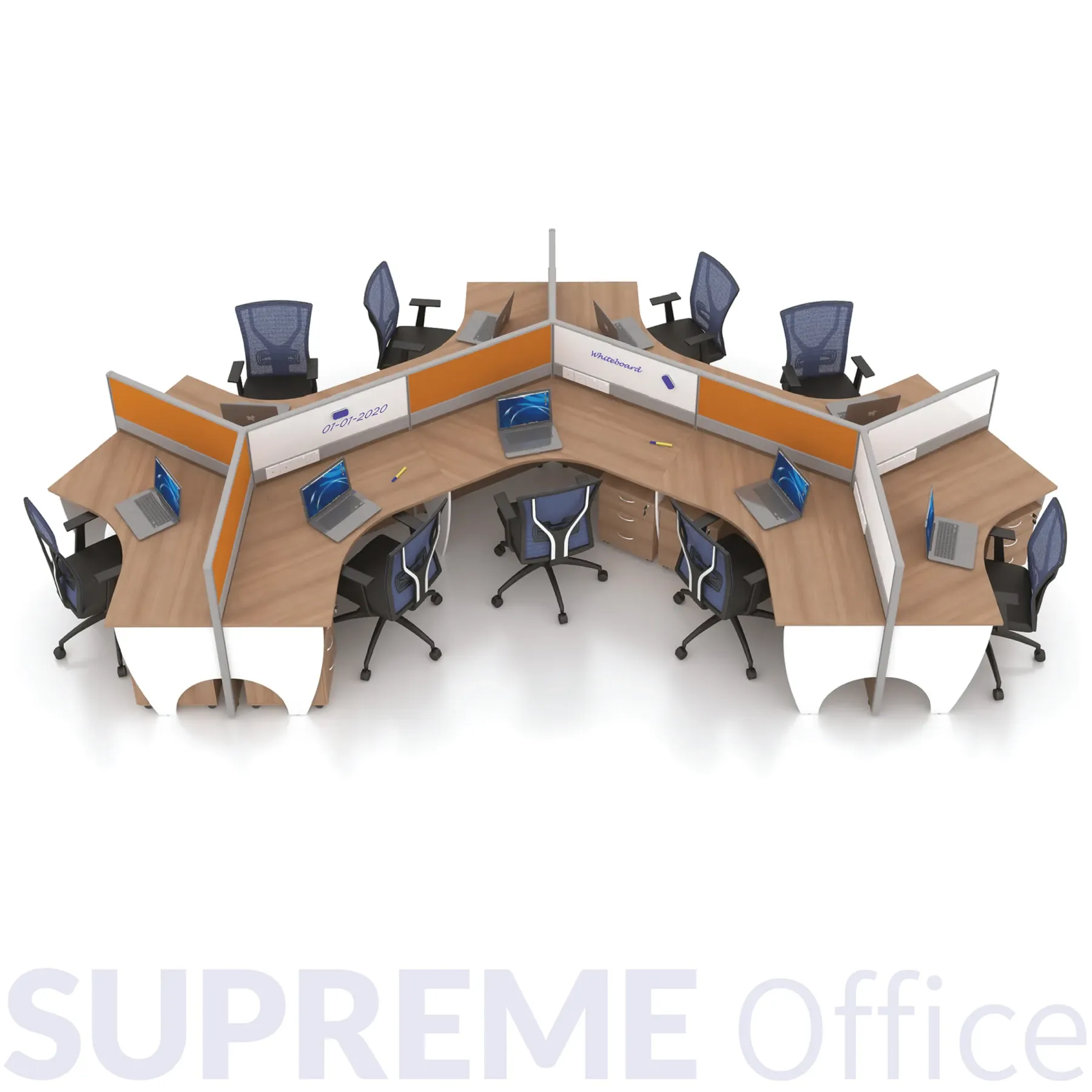 9 Seater Workstation - 120° Tabletop - Whiteboard + Standing Partition