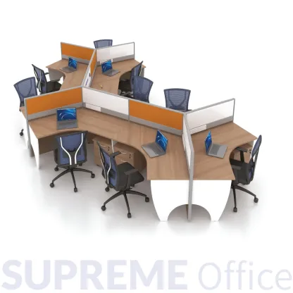 9 Seater Workstation - 120° Tabletop - Whiteboard + Standing Partition