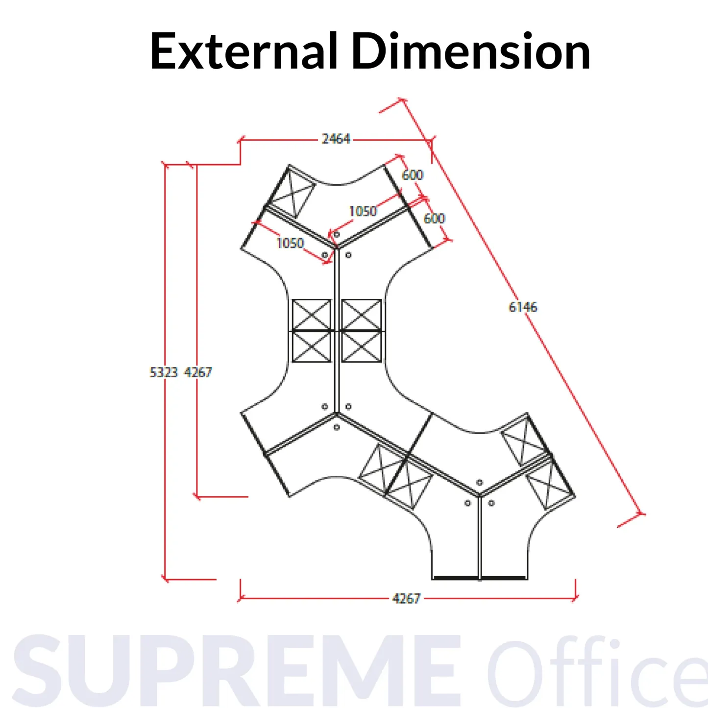 9 Seater Workstation - 120° Tabletop - Whiteboard + Standing Partition