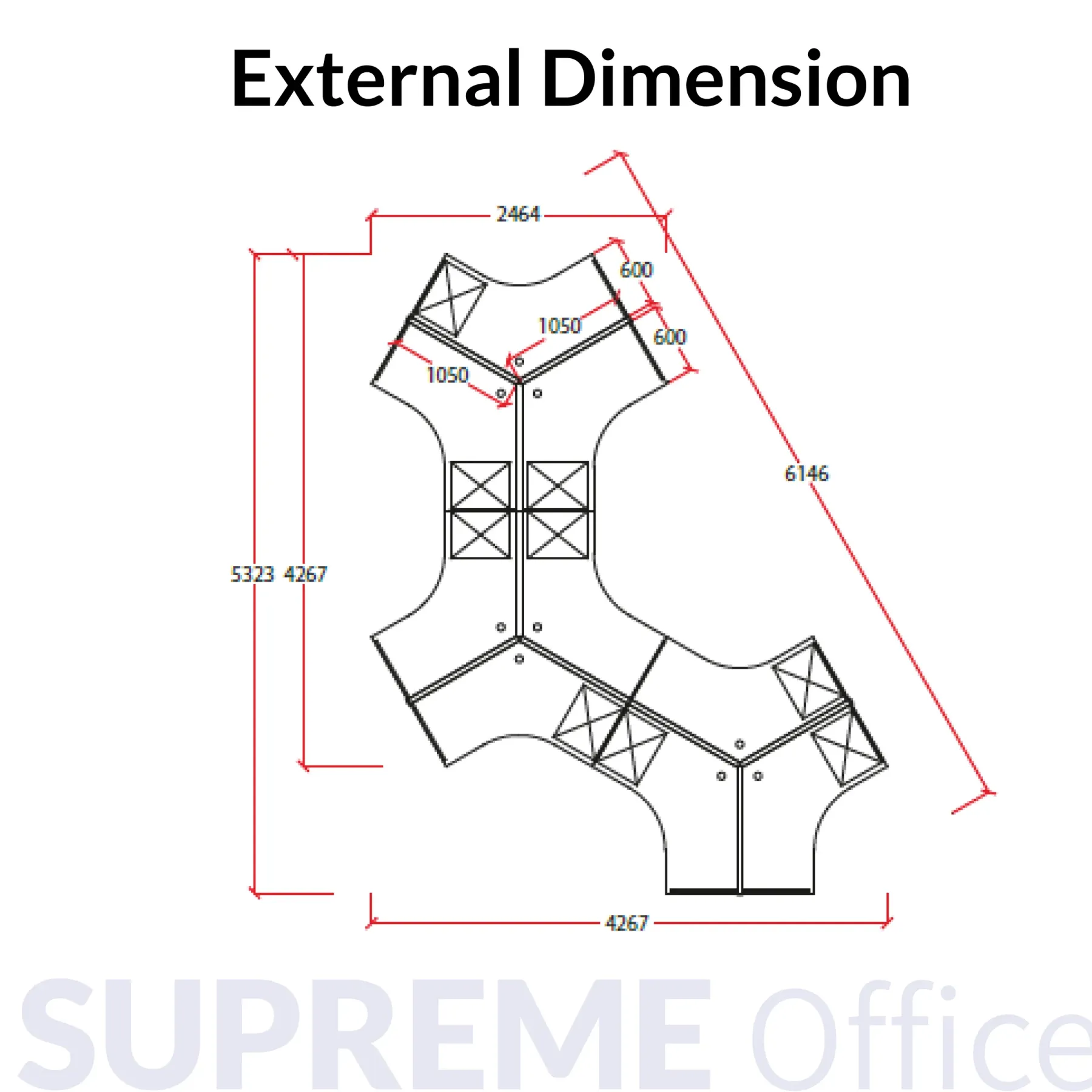 9 Seater Workstation - 120° Tabletop - Whiteboard + Standing Partition