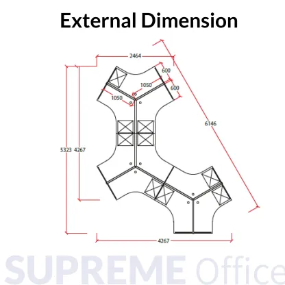 9 Seater Workstation - 120° Tabletop - Whiteboard + Standing Partition