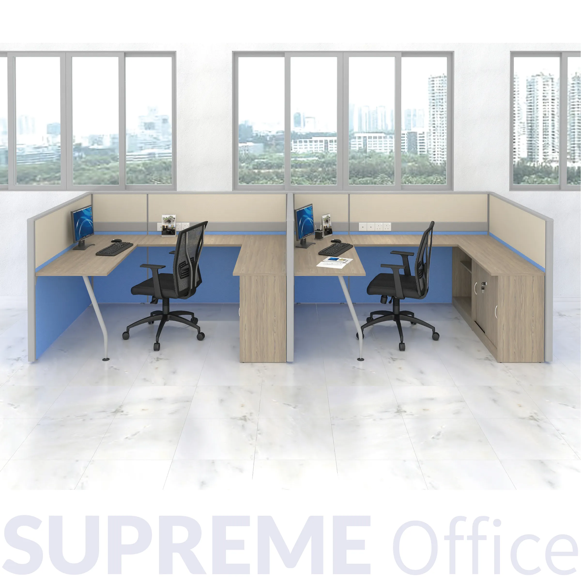 2 Seater Workstation + Side Table + Back Low Cabinet Combo - Standing Partition (60mm)