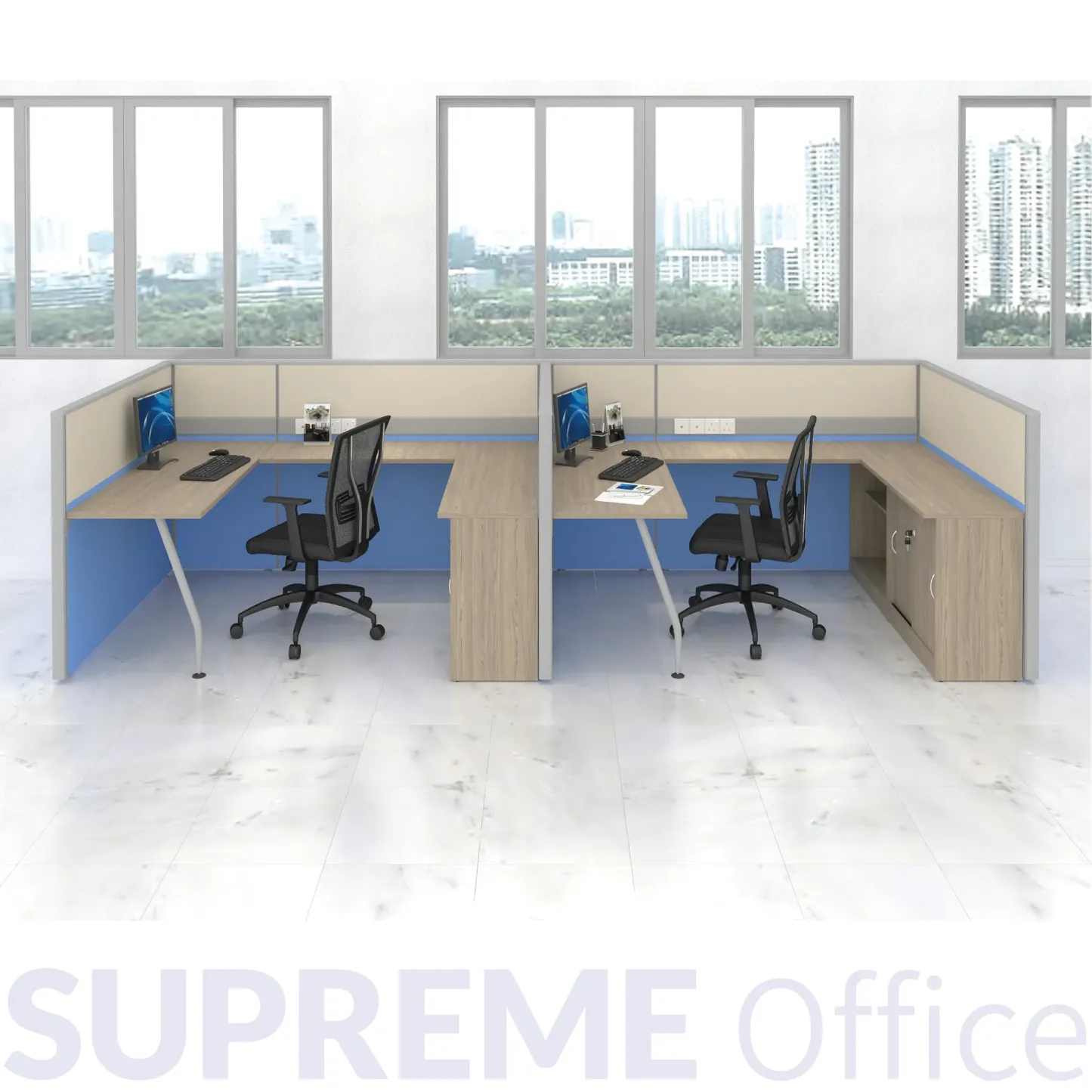 2 Seater Workstation + Side Table + Back Low Cabinet Combo - Standing Partition (60mm)