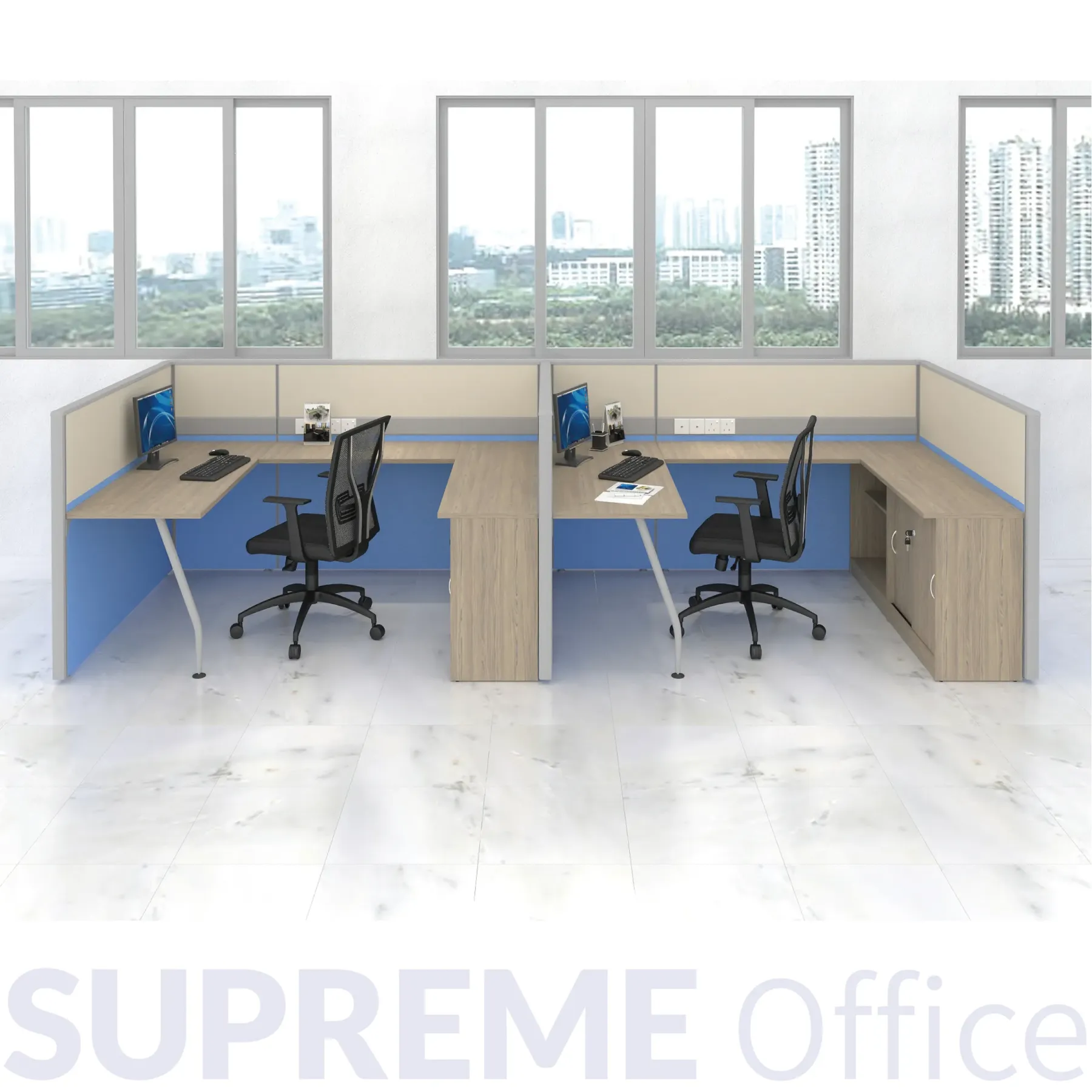 2 Seater Workstation + Side Table + Back Low Cabinet Combo - Standing Partition (60mm)