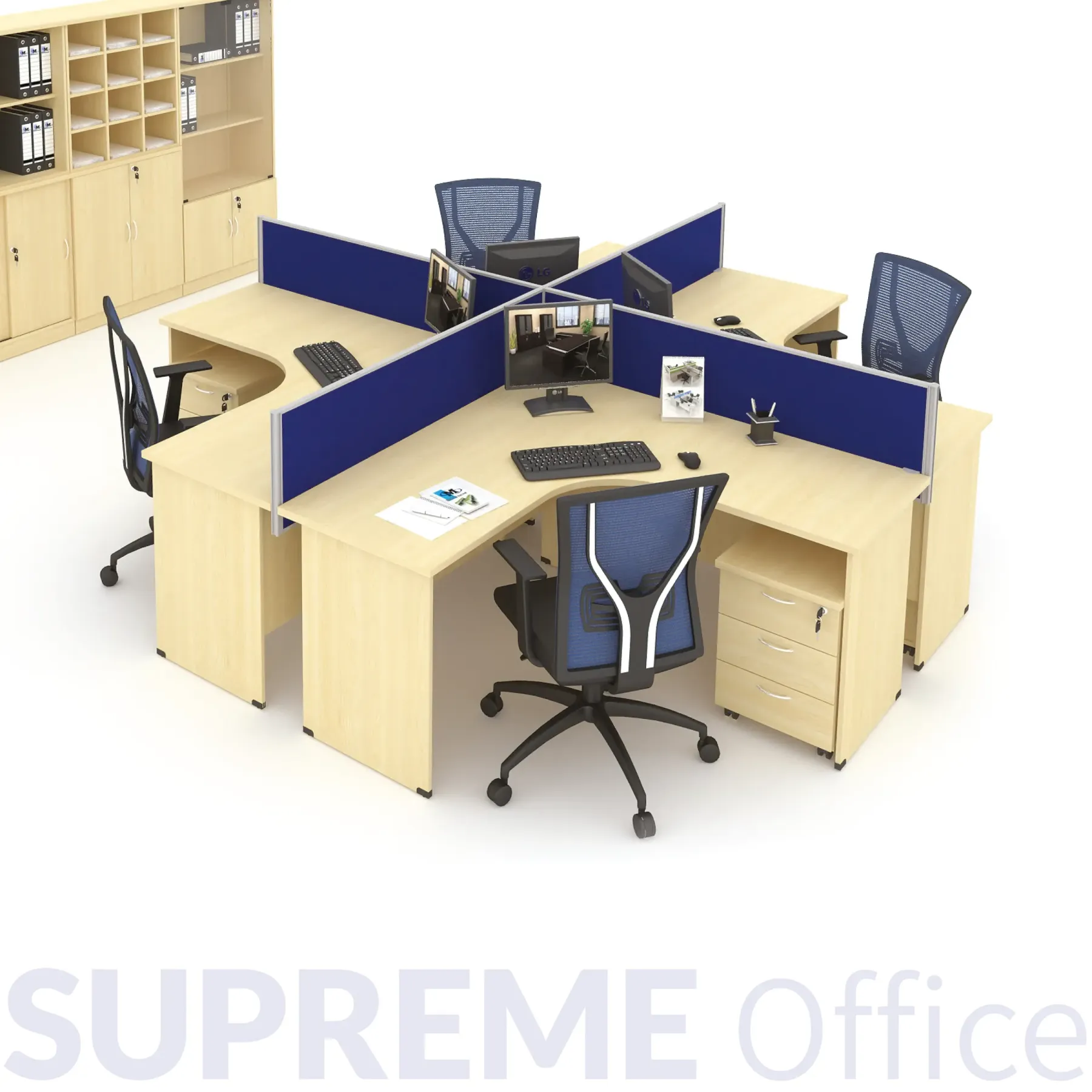 4 Seater Workstation - L-shape + Mobile Pedestal + Hanging Partition