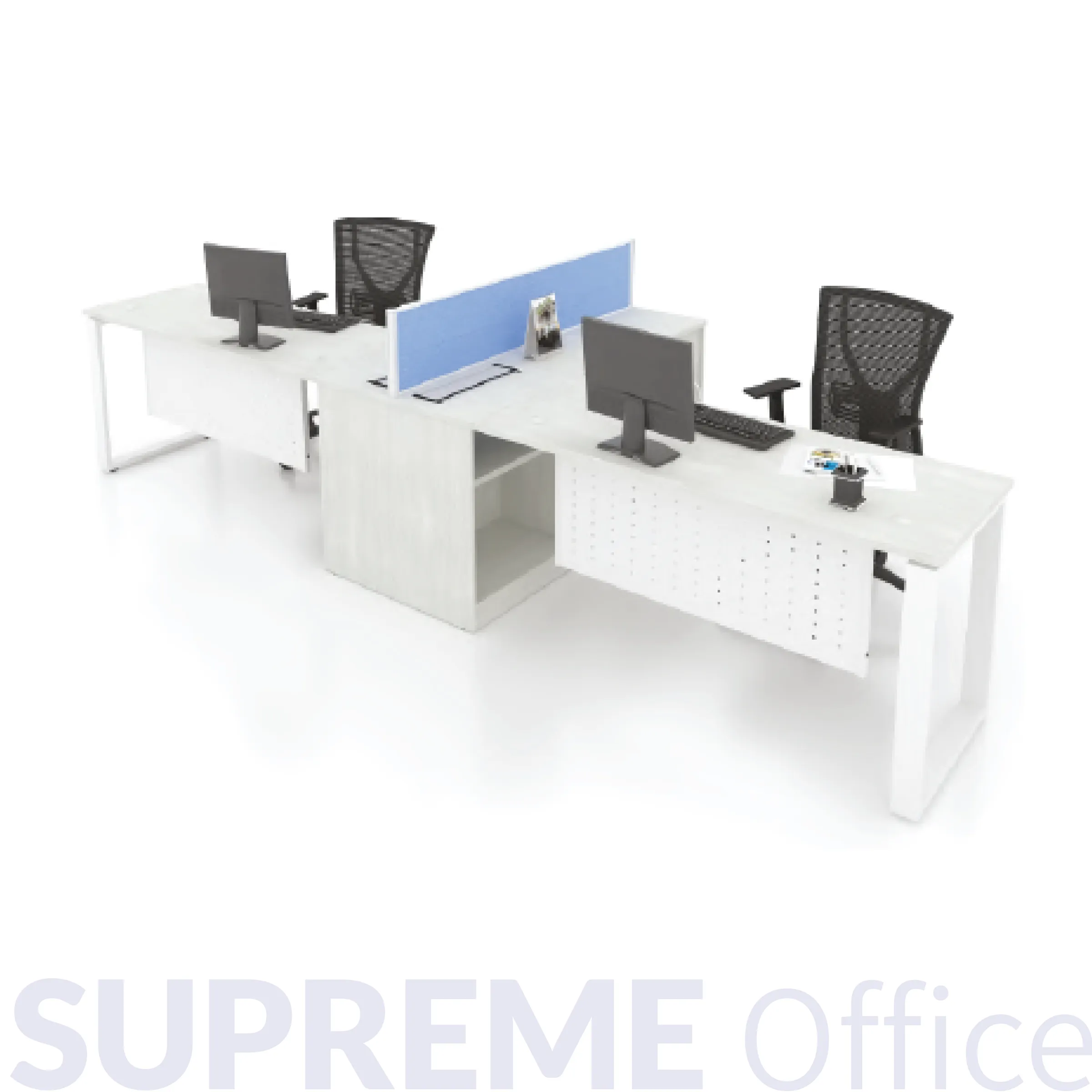 4 Seater Workstation c/w Side Cabinet + 20mm Hanging Partition + Flipper Wire Box (4 socket holes)