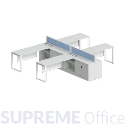 4 Seater Workstation c/w Side Cabinet + 20mm Hanging Partition + Flipper Wire Box (4 socket holes)