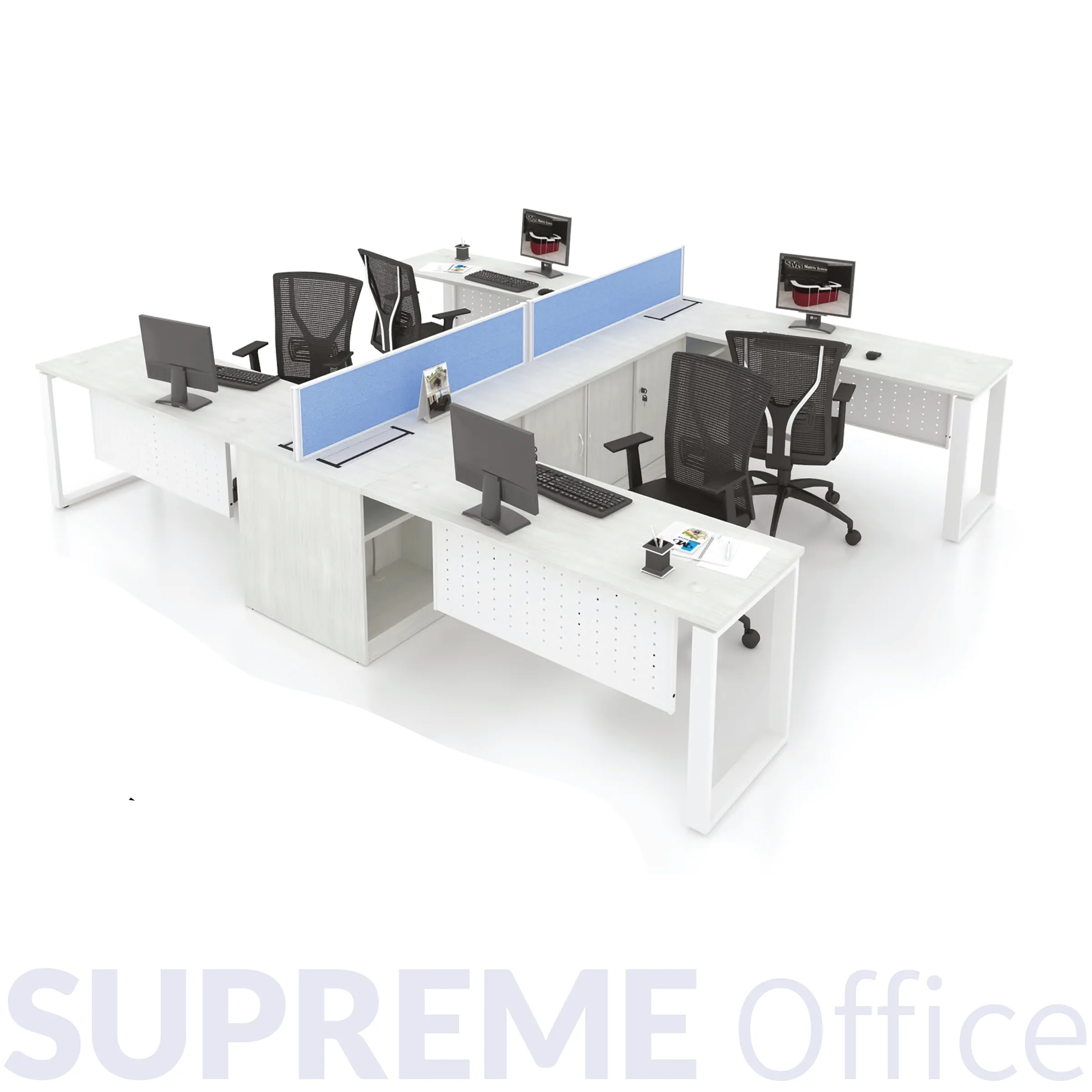 4 Seater Workstation c/w Side Cabinet + 20mm Hanging Partition + Flipper Wire Box (4 socket holes)