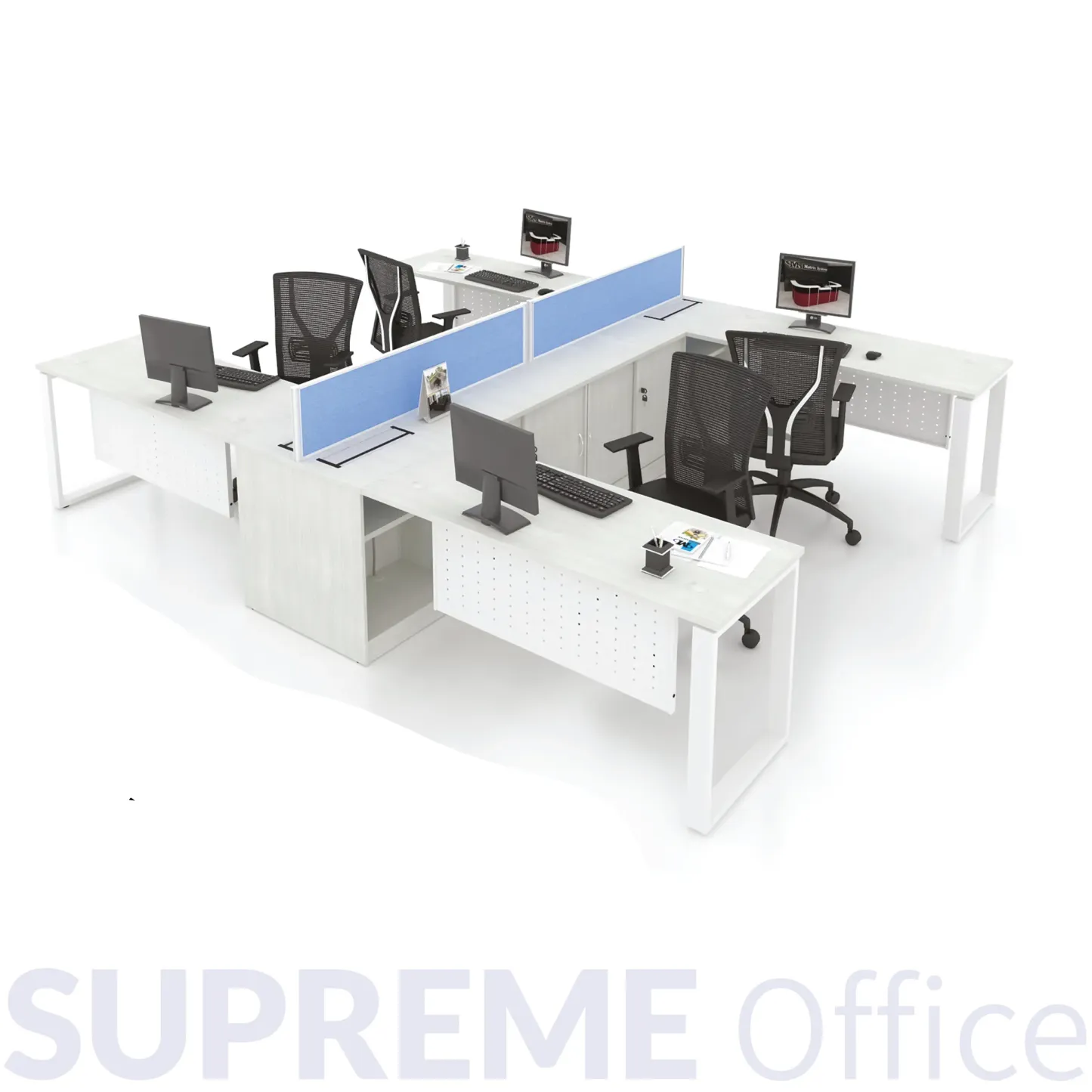 4 Seater Workstation c/w Side Cabinet + 20mm Hanging Partition + Flipper Wire Box (4 socket holes)