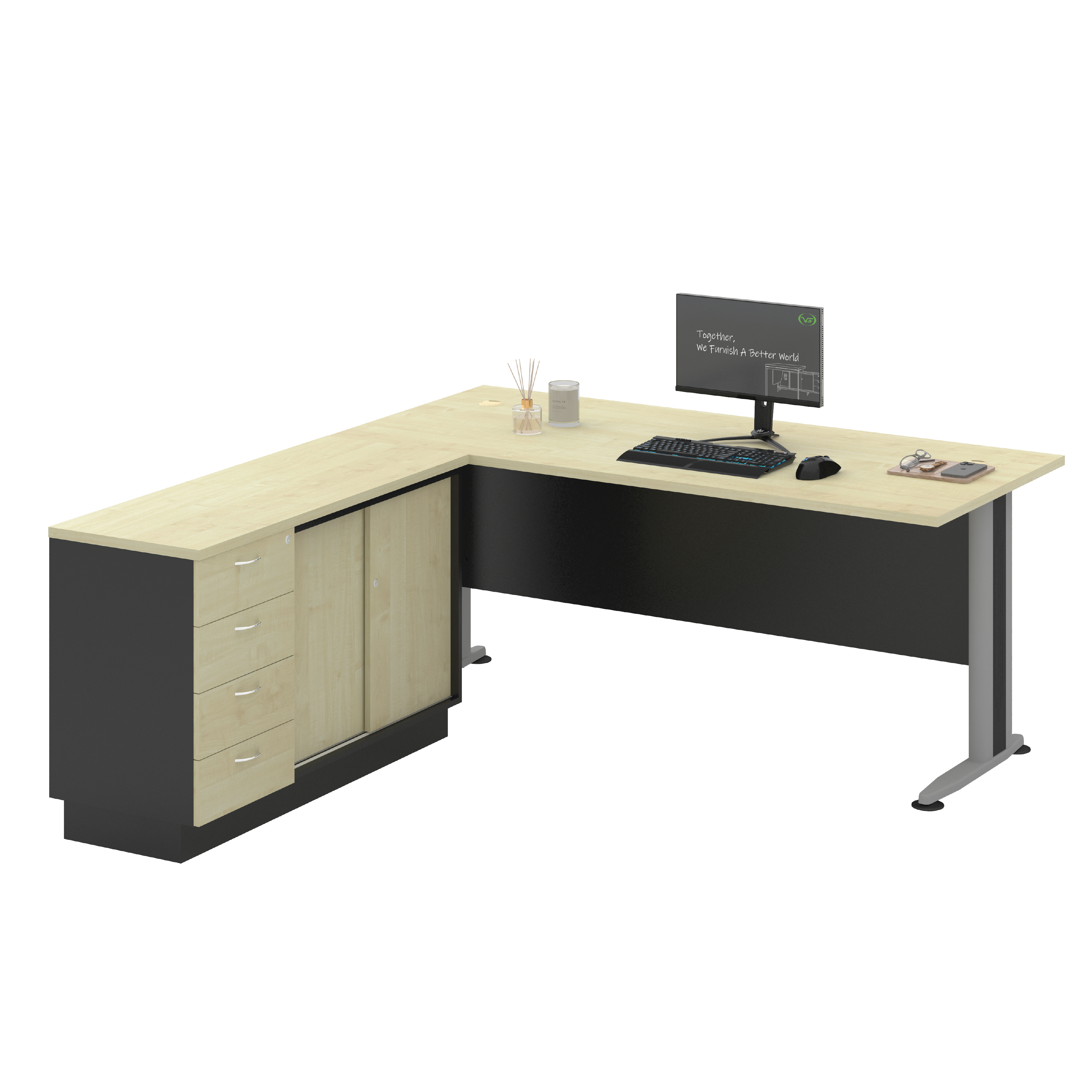 Standard Table + Side Cabinet  (Fixed Pedestal 4 Drawer + Sliding Door) (T)