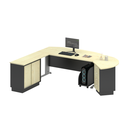 Executive Work Table + Side Sliding Door Cabinet  + Side Discussion Table with Fixed 4D Pedestal (T)