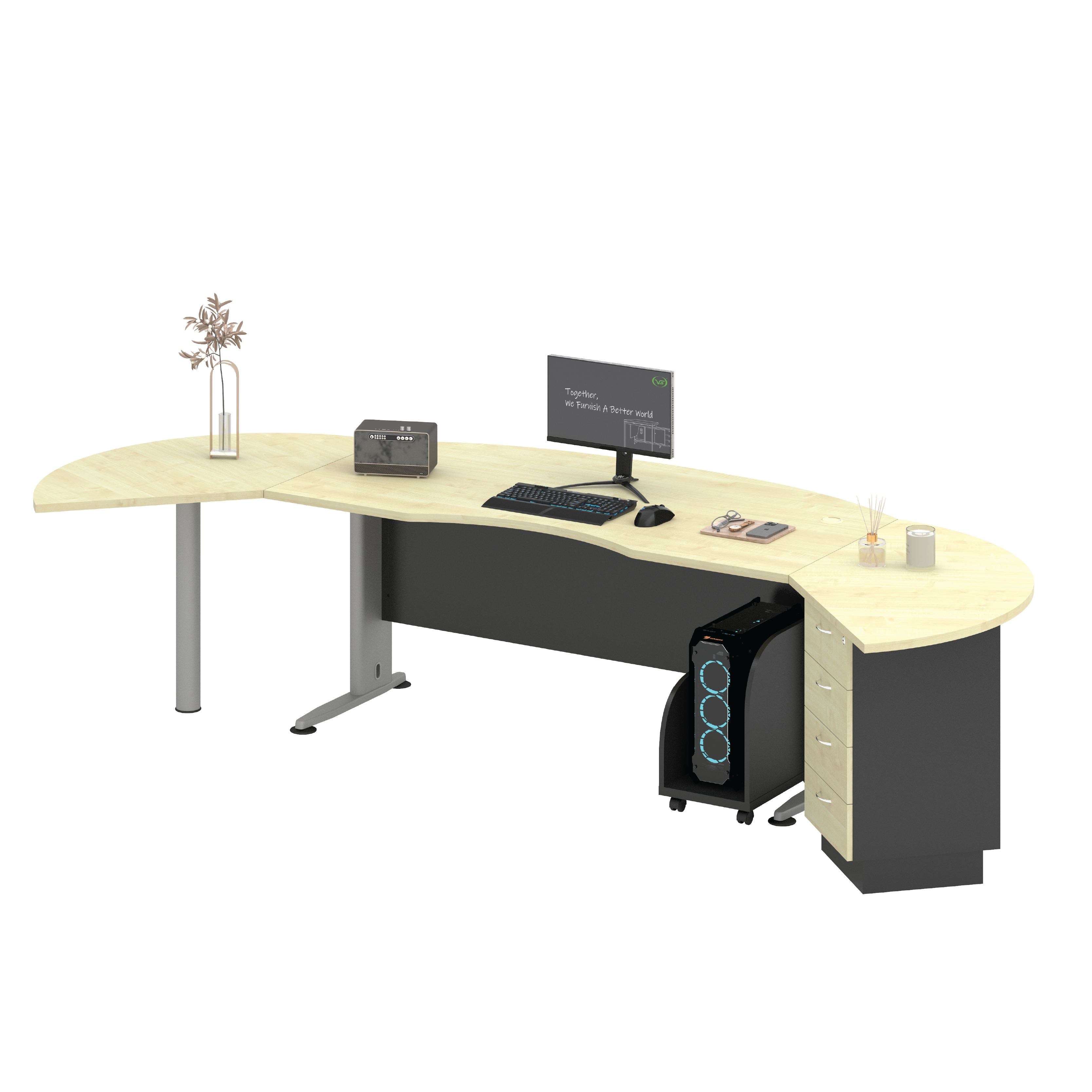 Executive Work Table + Side Discussion Table with Fixed 4D Pedestal + Semi Round Side Discussion Table(T)