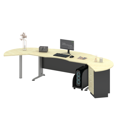Executive Work Table + Side Discussion Table with Fixed 4D Pedestal + Semi Round Side Discussion Table(T)