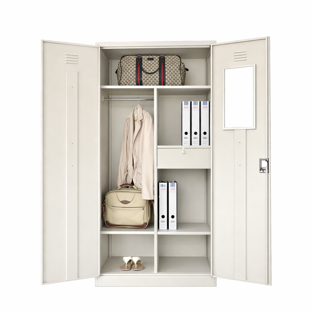 Full Height Wardrobe Cabinet with Steel Swinging Door + 1 Cloth Hanging Bar + 3 Fixed Shelves + 1 Drawer with Camlock + mirror