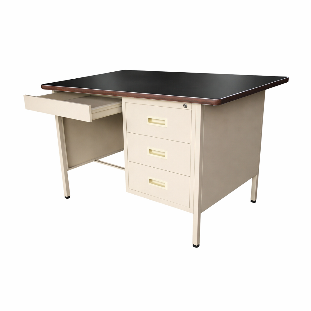 4ft Single Steel Pedestal Desk (Black Linoleum Top)