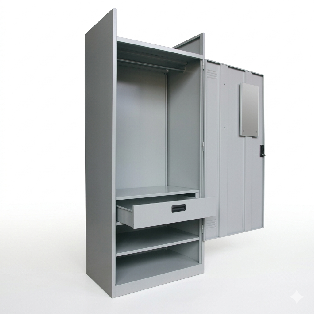 Full Height Steel Wardrobe Cabinet with Mirror and Storage Door
