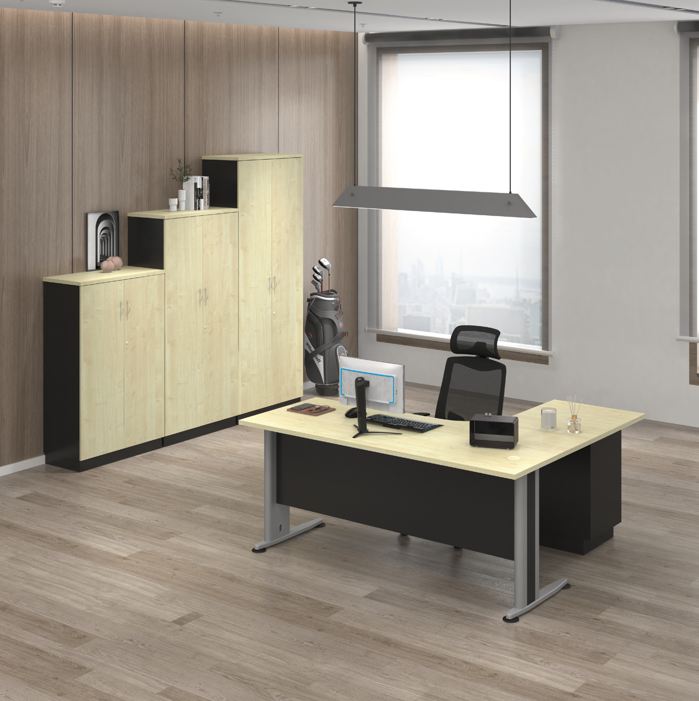 Executive L-Shape Work Table + Combination of Swinging Door Cabinets (T)