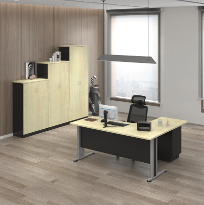 Executive L-Shape Work Table + Combination of Swinging Door Cabinets (T)