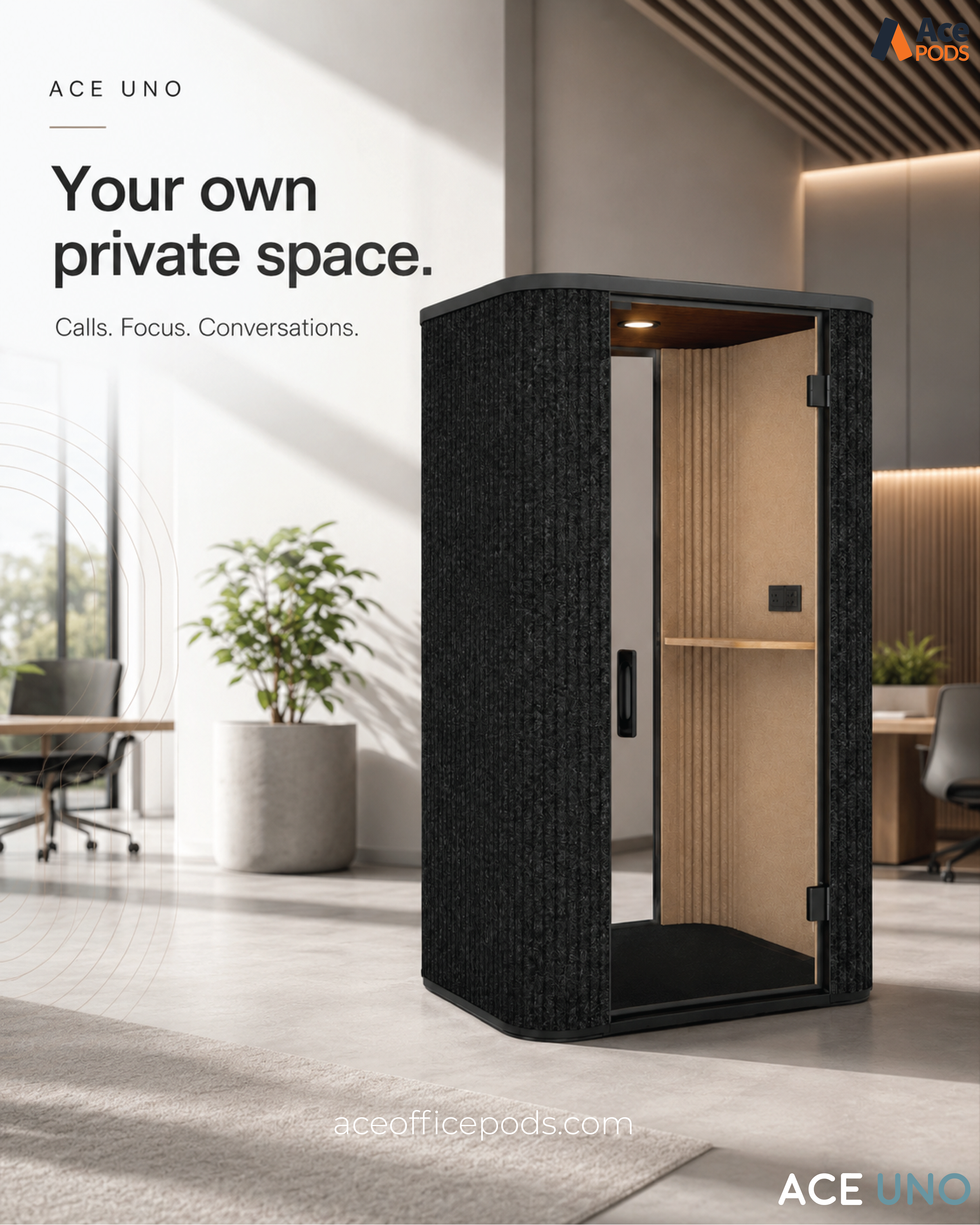 Ace Uno - Modern & Spacious 1 Seater Acoustic Phone Pod Booth