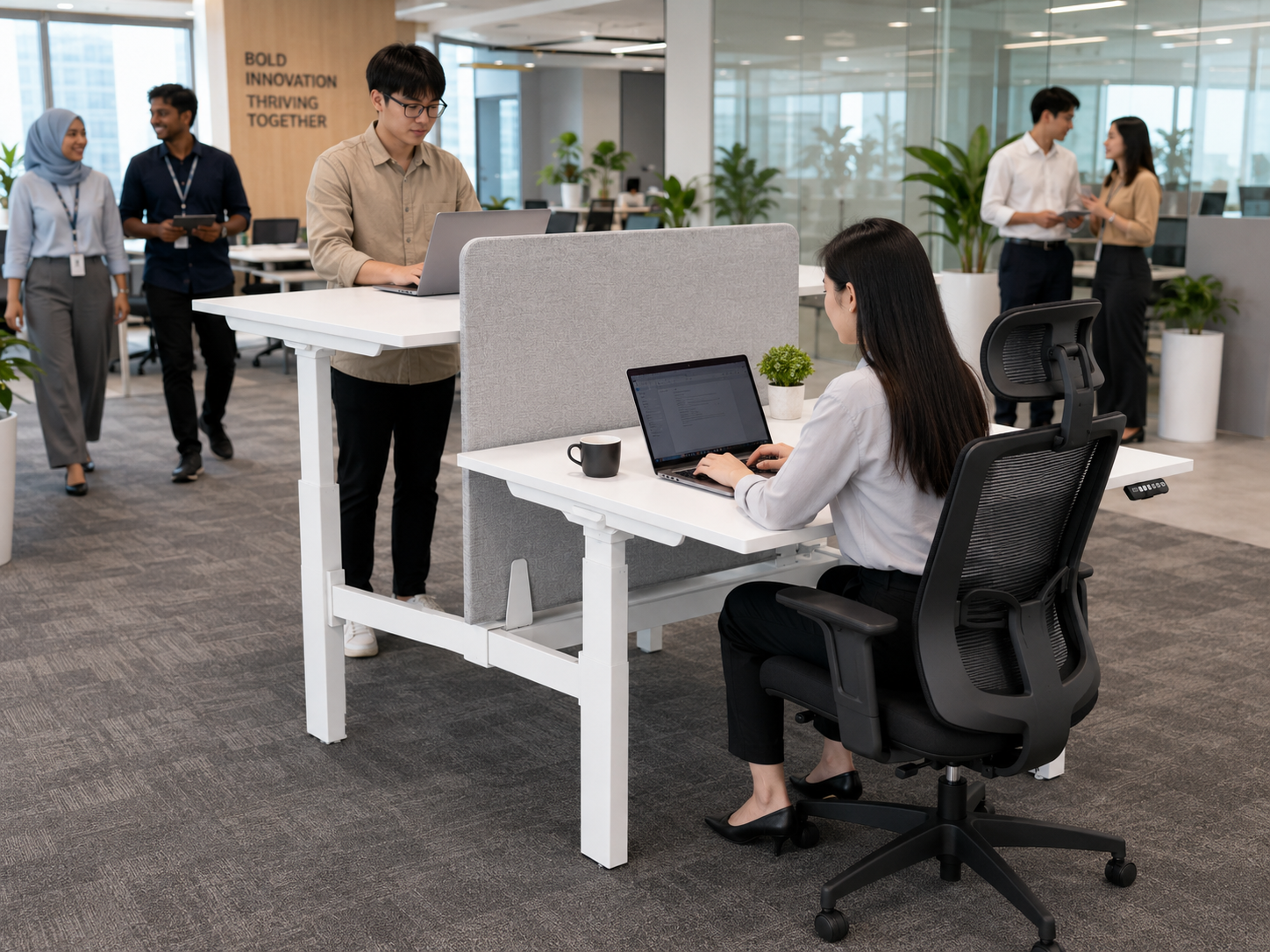 Two-Seater Height Adjustable Standing Desk/Table with Partition