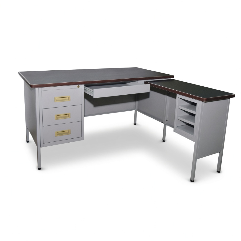 5" L-Shape Steel Pedestal Desk (Black Linoleum Top)
