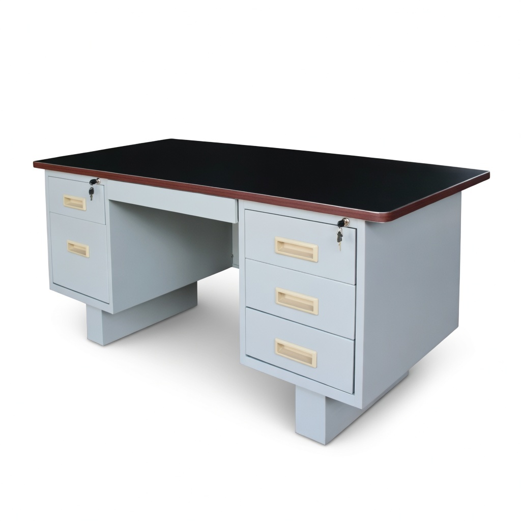 5ft Double Steel Pedestal Desk with Black Leg (Black Linoleum Top)