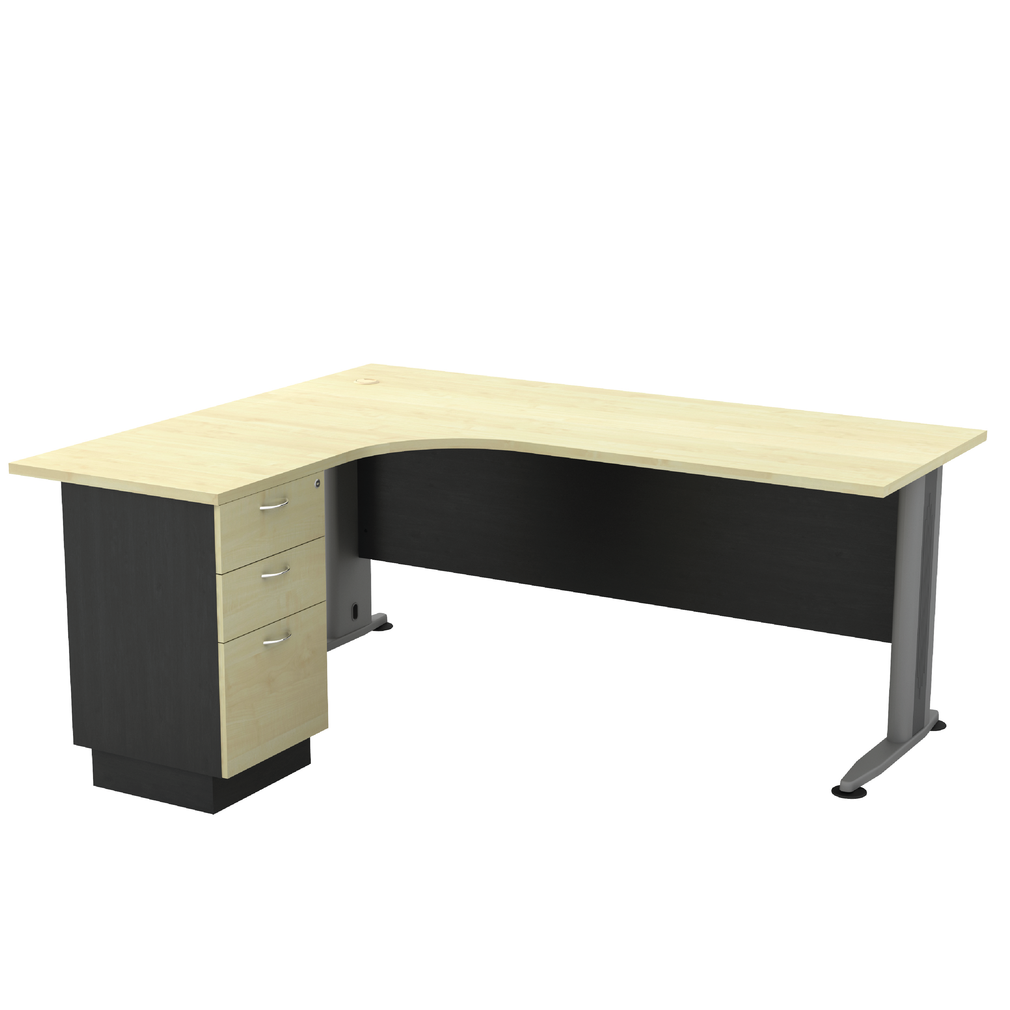 Executive L-Shape Work Table with 3 Drawer Fixed Pedestal + Combination of Swinging Door Cabinets (T)