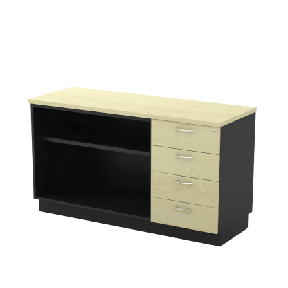 Open Shelf + Fixed Pedestal 4 Drawer (4D) Low Cabinet - MAPLE (T)