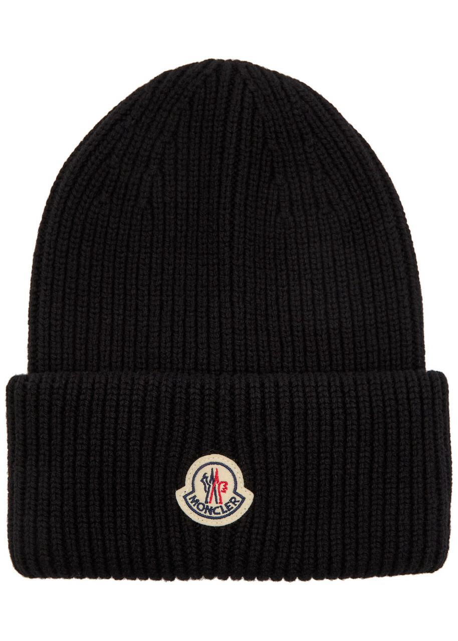 【MONCLER全国送料無料】Moncler Logo Ribbed Wool and Cashmere-blend Beanie - Black - One Size