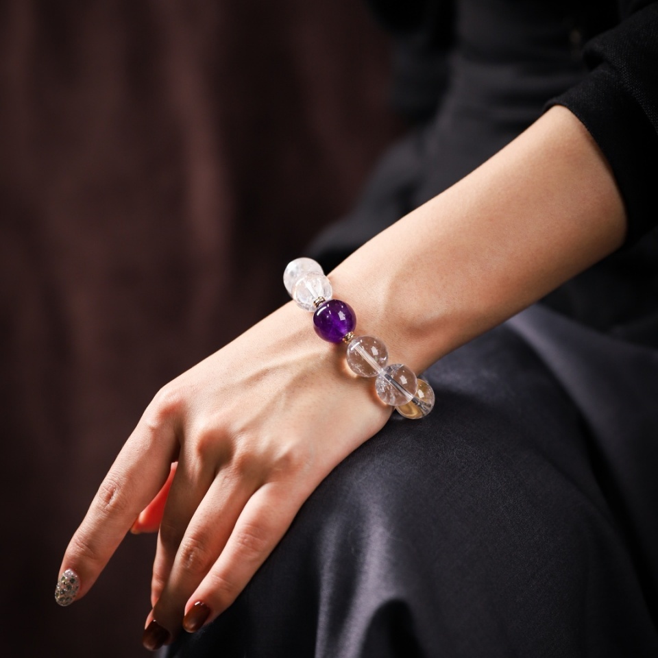 彩虹显化球｜白阿塞紫水晶设计款手串