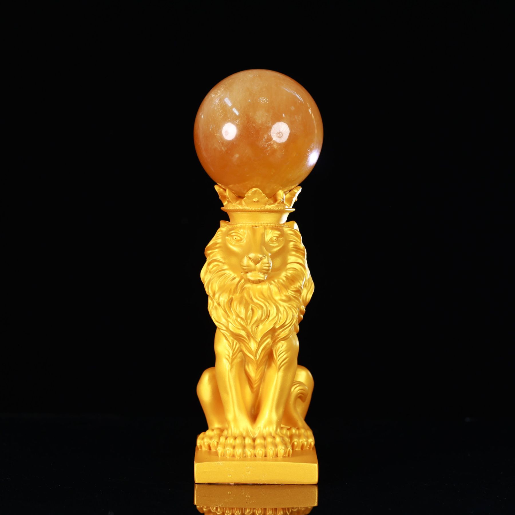 【富】狮子守护 | 黄方解石球 摆件