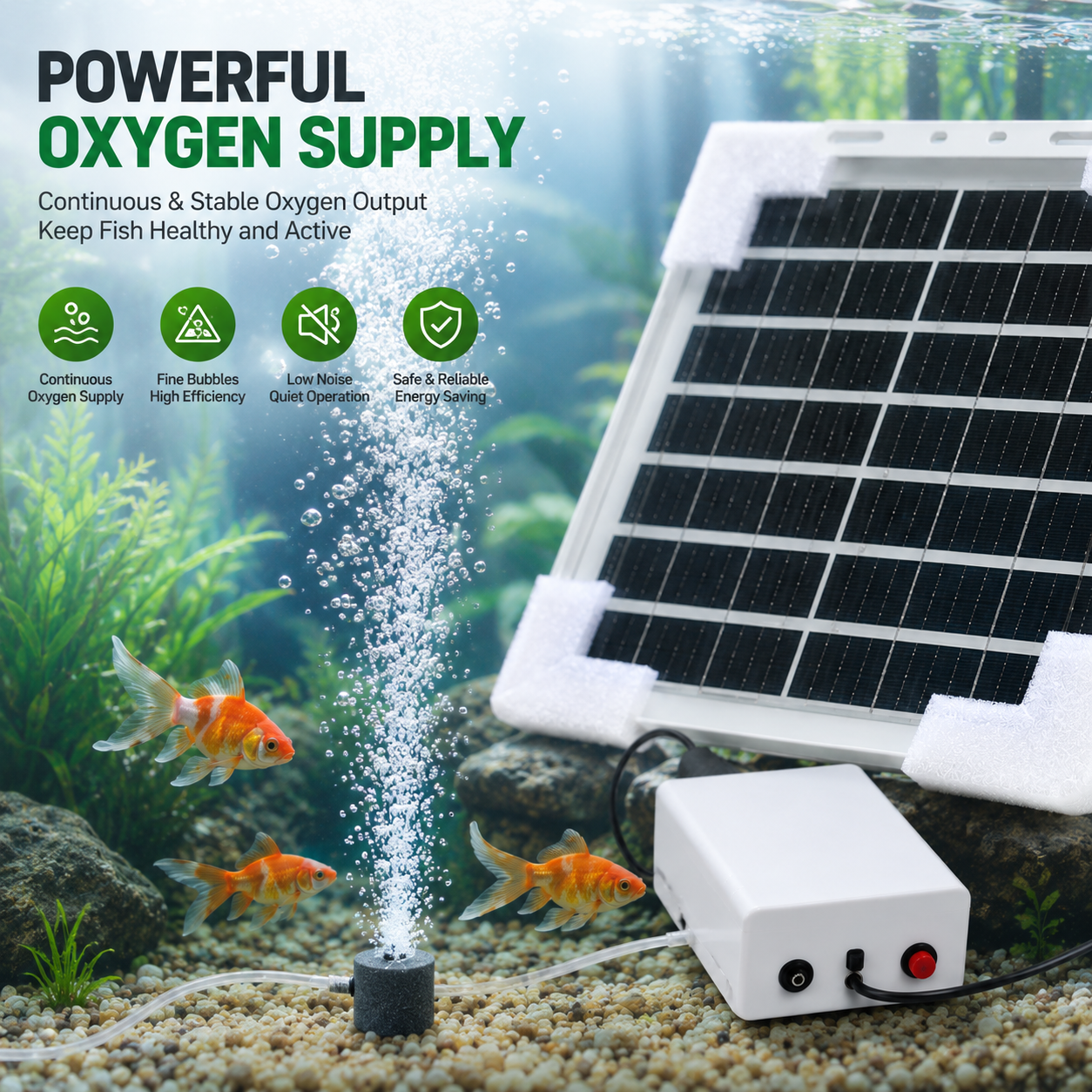 Solar Aquarium Oxygen Pump 20W 10 Battery Non Stop Air Fish Tank Backup Pam Oksigen Ikan Tenaga Solar 鱼缸太阳能打氧机 停电不死鱼
