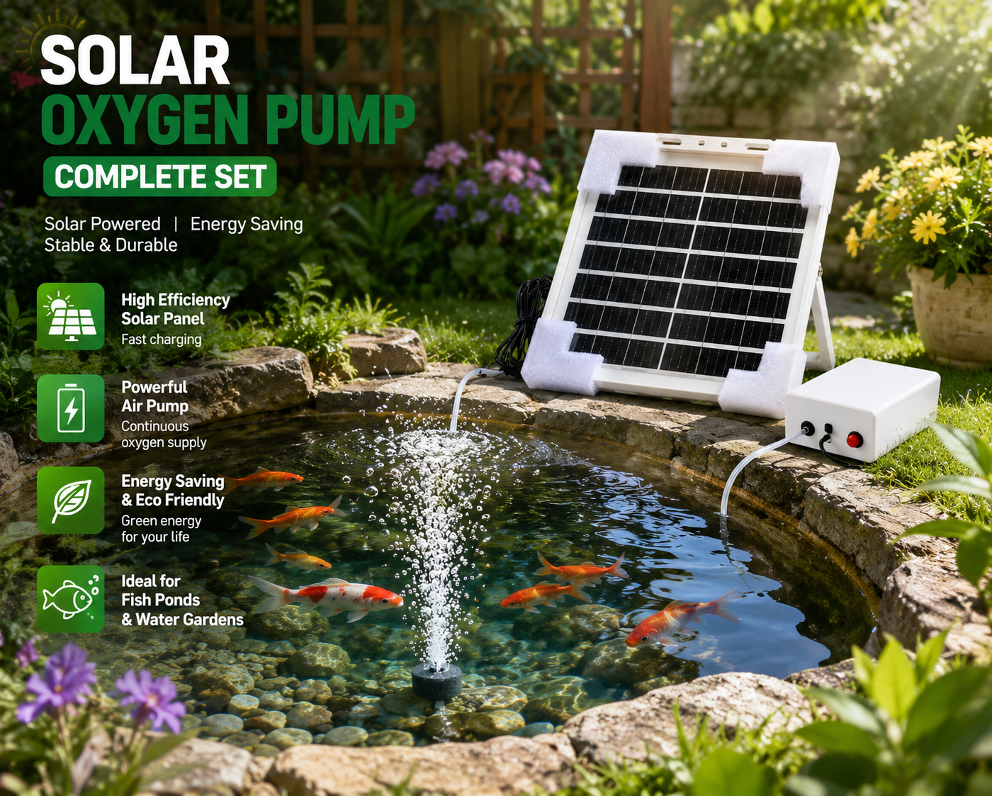 Solar Aquarium Oxygen Pump 20W 10 Battery Non Stop Air Fish Tank Backup Pam Oksigen Ikan Tenaga Solar 鱼缸太阳能打氧机 停电不死鱼