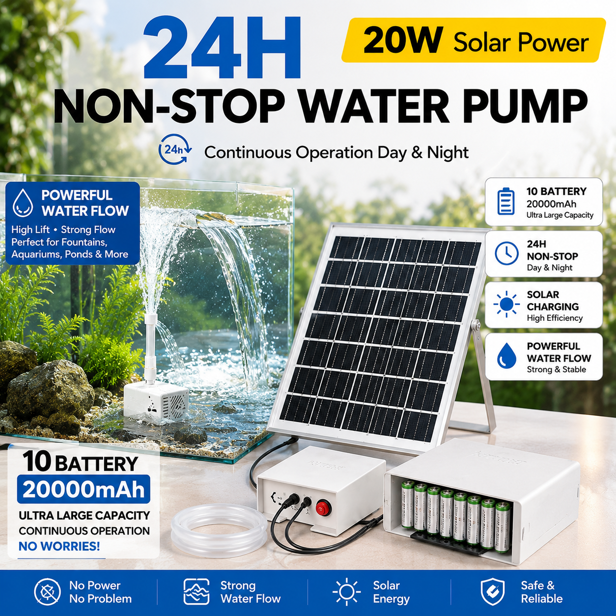 20W Solar Water Pump Kit 20000mAh 10 Battery Water Pump 24H Non Stop Solar Fountain Aquarium Fish Tank Pond Hydroponic
