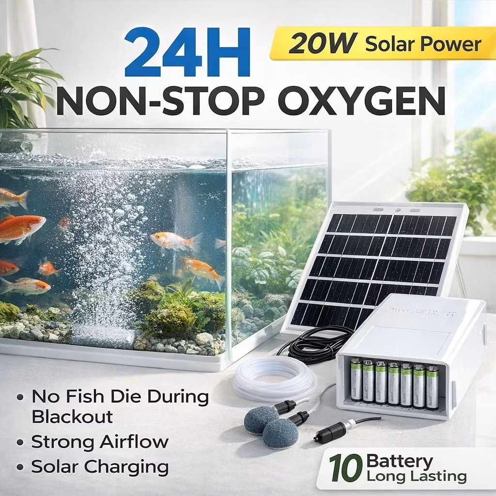 Solar Aquarium Oxygen Pump 20W 10 Battery Non Stop Air Fish Tank Backup Pam Oksigen Ikan Tenaga Solar 鱼缸太阳能打氧机 停电不死鱼