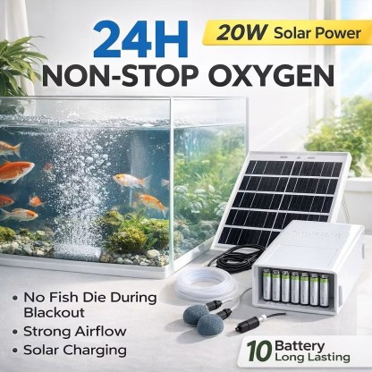 Solar Aquarium Oxygen Pump 20W 10 Battery Non Stop Air Fish Tank Backup Pam Oksigen Ikan Tenaga Solar 鱼缸太阳能打氧机 停电不死鱼