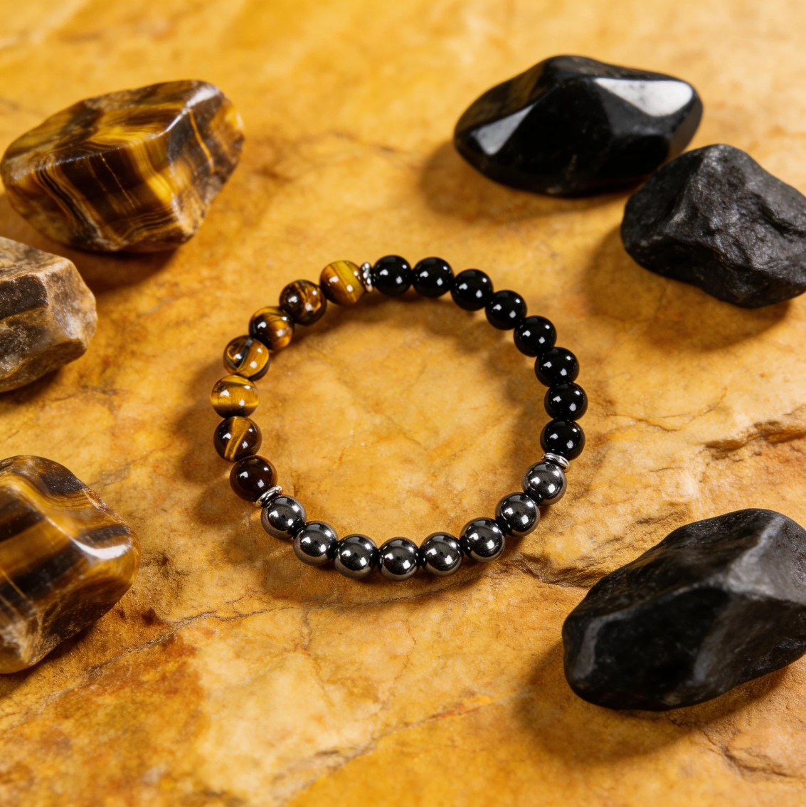 Golden Tiger Eye Bracelet - Attract Wealth, Courage & Protection with Obsidian & Hematite