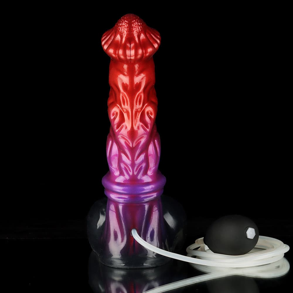 赤と紫の領主風射精ディルド