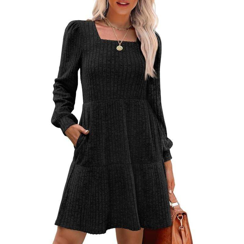 🍂Last Day Promotion 49% OFF🔥Womens Square Neck Long Sleeve Fall Dresses Casual Babydoll Sweater Dress