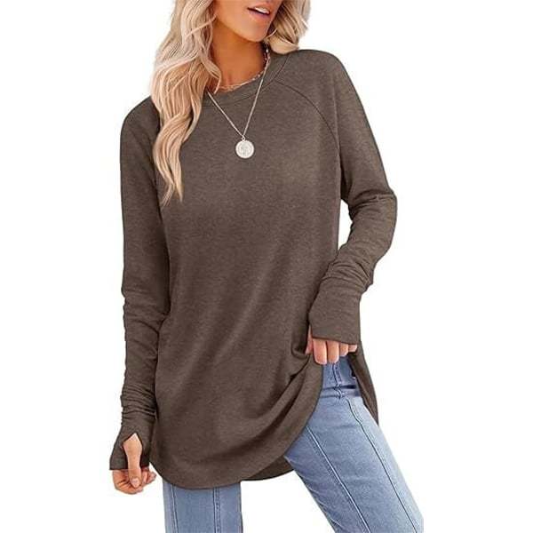 🔥HOT SALE-BUY 2 FREE SHIPPING🔥Womens Tunic Tops to Wear with Leggings Long Sleeve Thumb Hole Shirts Crew Neck Curved Hem