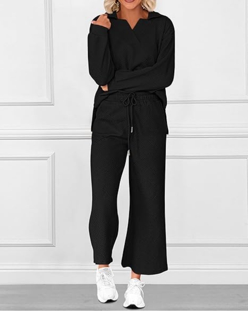  Solid Color Texture Fashion Casual Suit Autumn Long-Sleeved Sweatshirt And Trousers Two-Piece Set