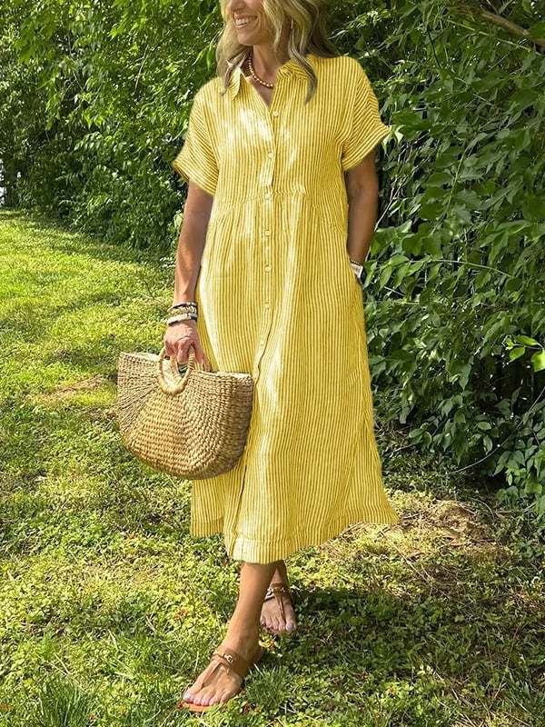 NEW🔥 Striped Lapel Button Down Shirt Dress | With Functional Pockets