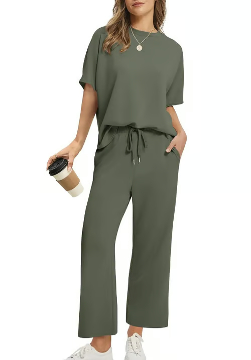 Women's Casual 2-Piece Loose-Fit Short Sleeve Top & Wide-Leg Pants Set