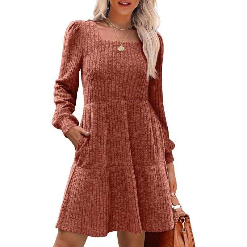 🍂Last Day Promotion 49% OFF🔥Womens Square Neck Long Sleeve Fall Dresses Casual Babydoll Sweater Dress
