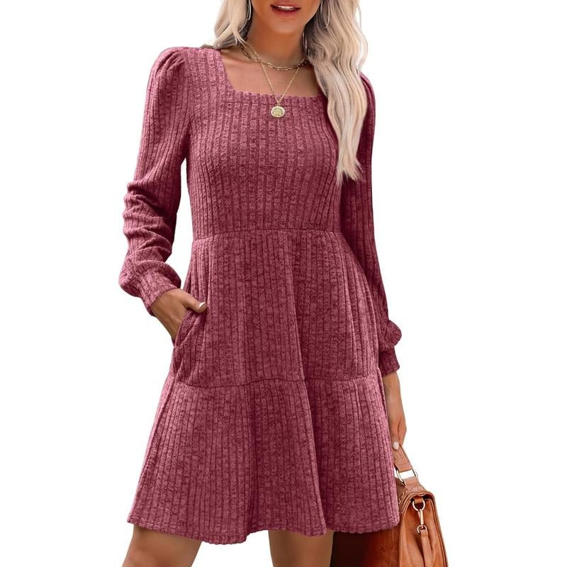 🍂Last Day Promotion 49% OFF🔥Womens Square Neck Long Sleeve Fall Dresses Casual Babydoll Sweater Dress