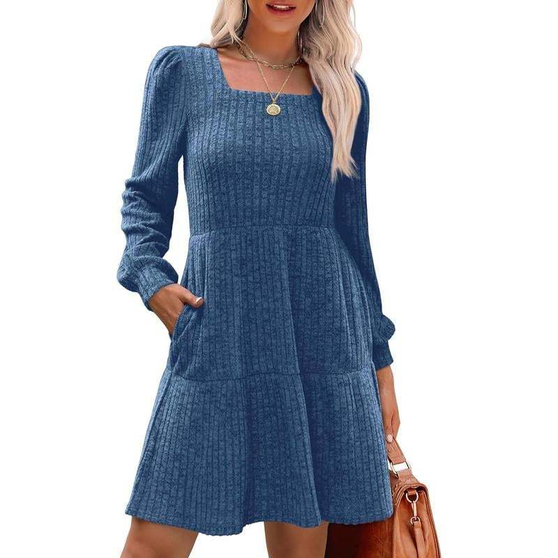 🍂Last Day Promotion 49% OFF🔥Womens Square Neck Long Sleeve Fall Dresses Casual Babydoll Sweater Dress