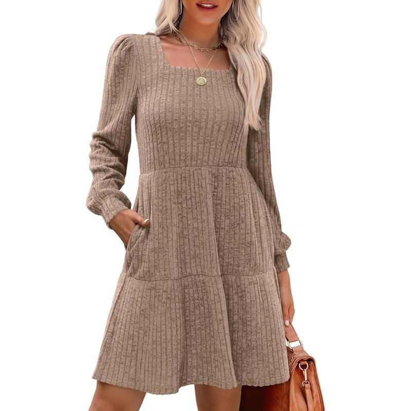 🍂Last Day Promotion 49% OFF🔥Womens Square Neck Long Sleeve Fall Dresses Casual Babydoll Sweater Dress