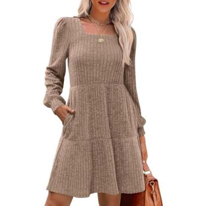 🍂Last Day Promotion 49% OFF🔥Womens Square Neck Long Sleeve Fall Dresses Casual Babydoll Sweater Dress