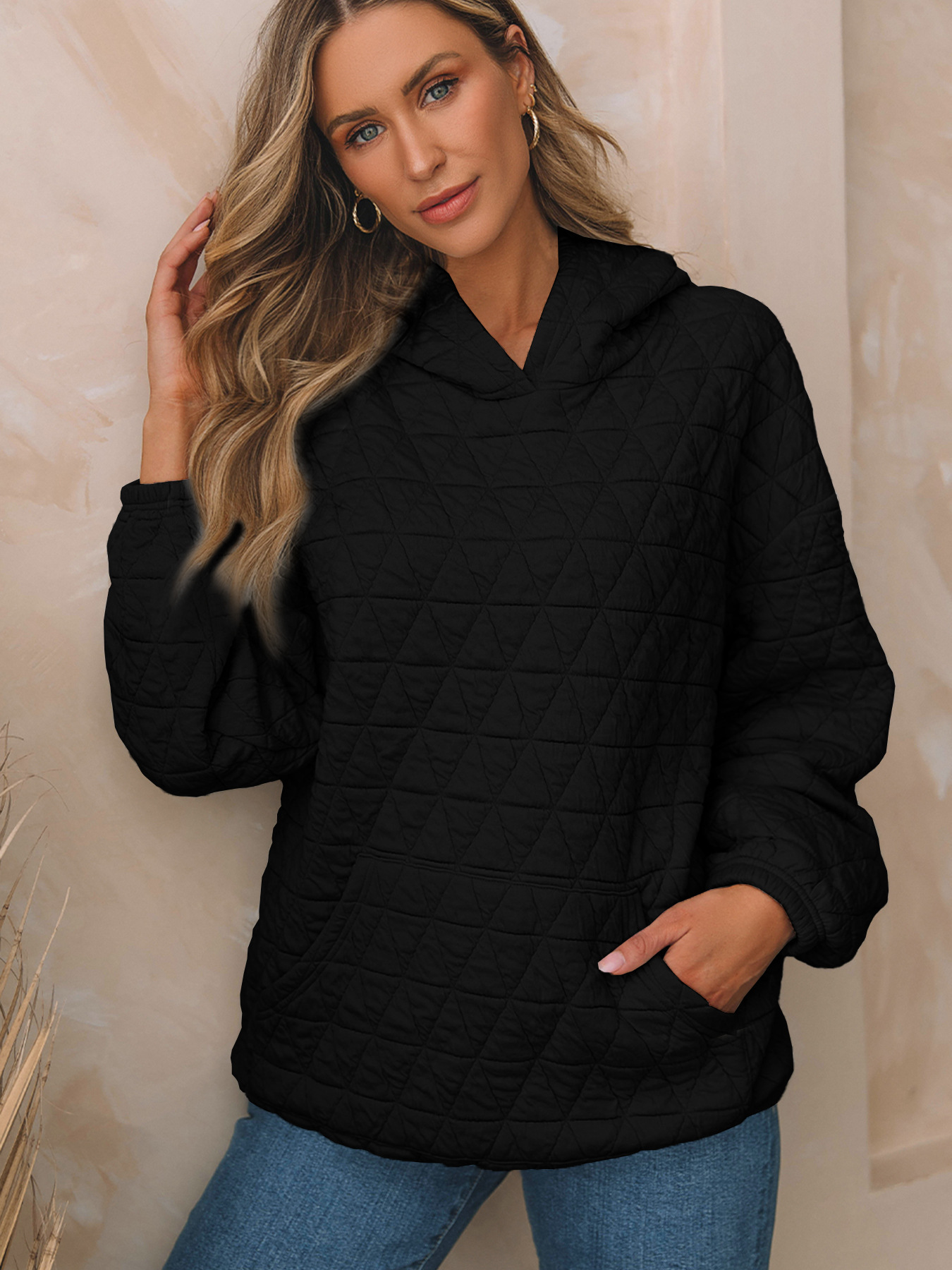 2025 Autumn New Solid Color Women'S Hooded Sweatshirt Casual Air Pocket Quilted Long-Sleeved Top