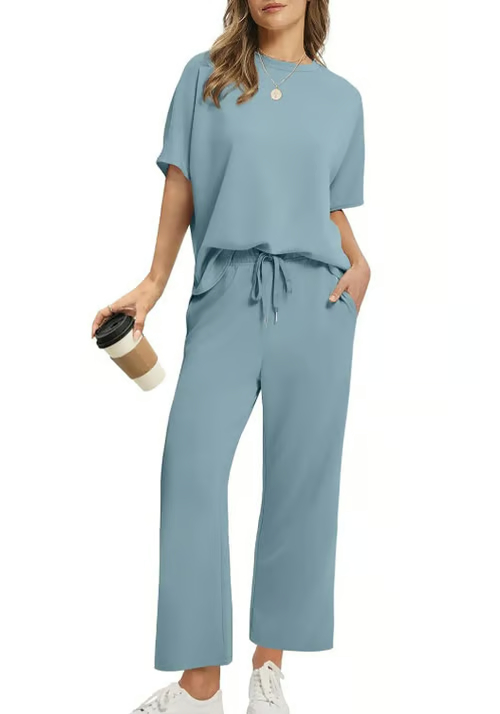 Women's Casual 2-Piece Loose-Fit Short Sleeve Top & Wide-Leg Pants Set